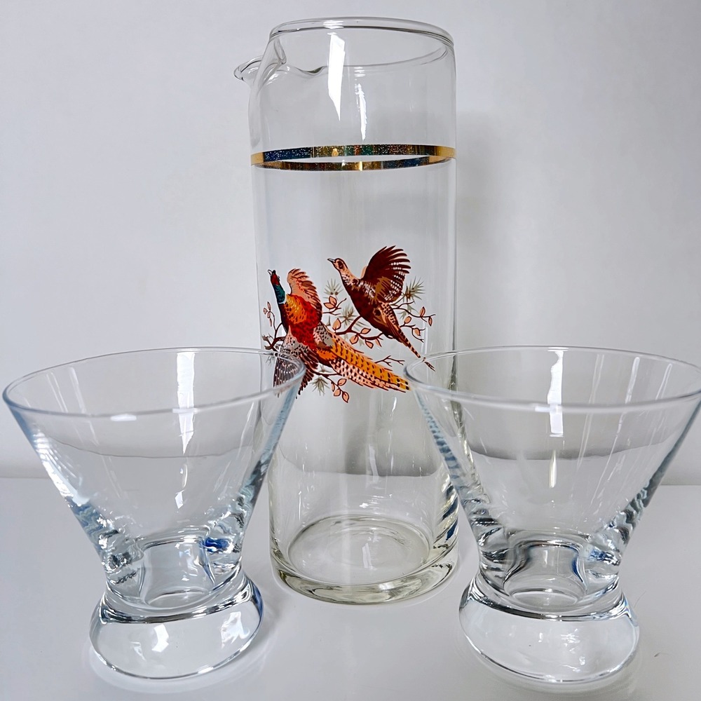 Vtg MCM Cocktail Pitcher Stemless Glasses Pheasant Bird Gold Band Barware Set‎